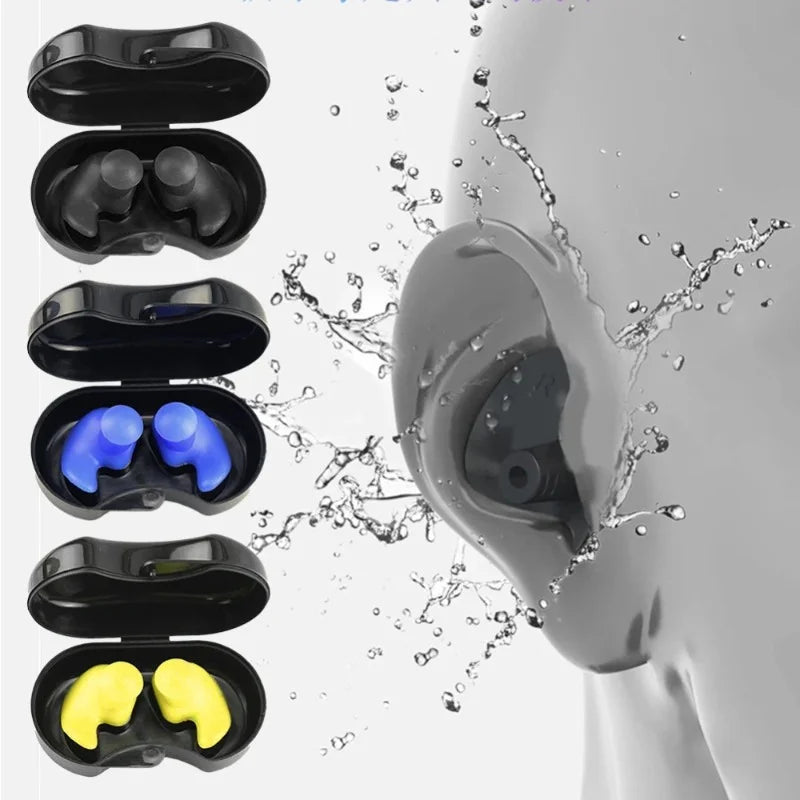 Reusable silicone swimming earplugs set with storage case in multiple colors