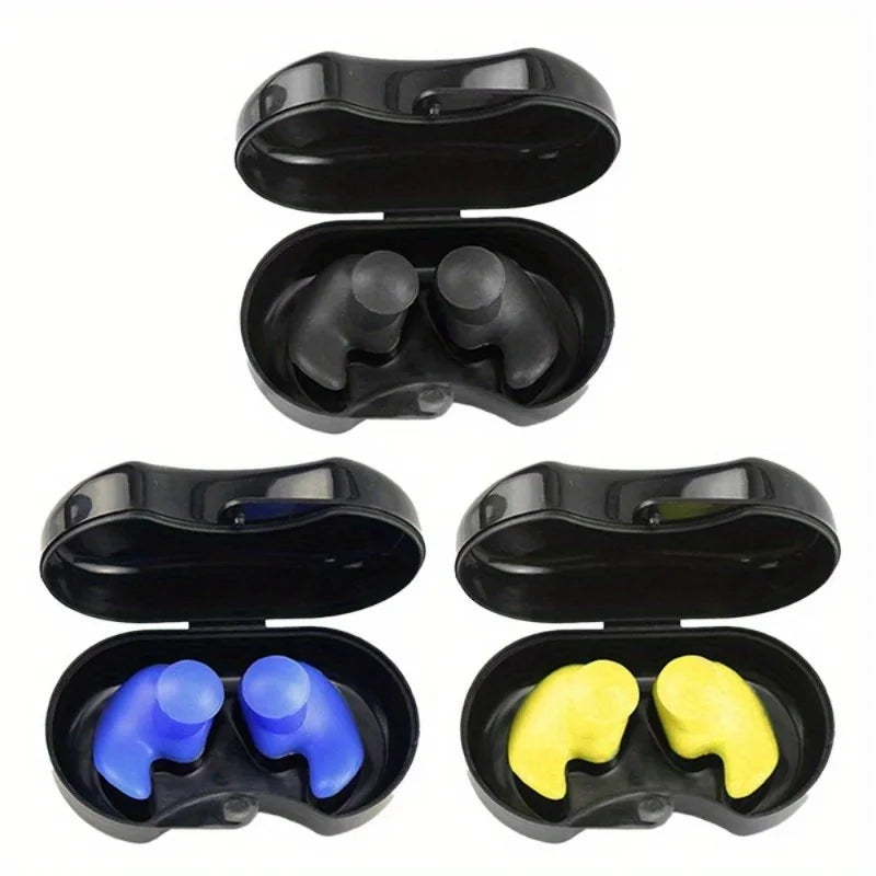 Reusable silicone swimming earplugs with storage case, black, blue, and yellow inserts