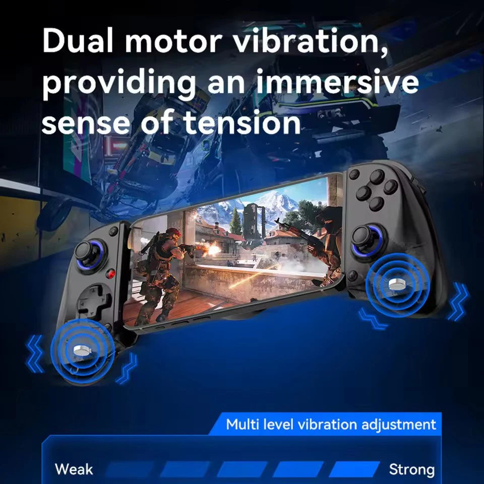 Wireless phone game controller with phone cradle and visible vibration motors on handles