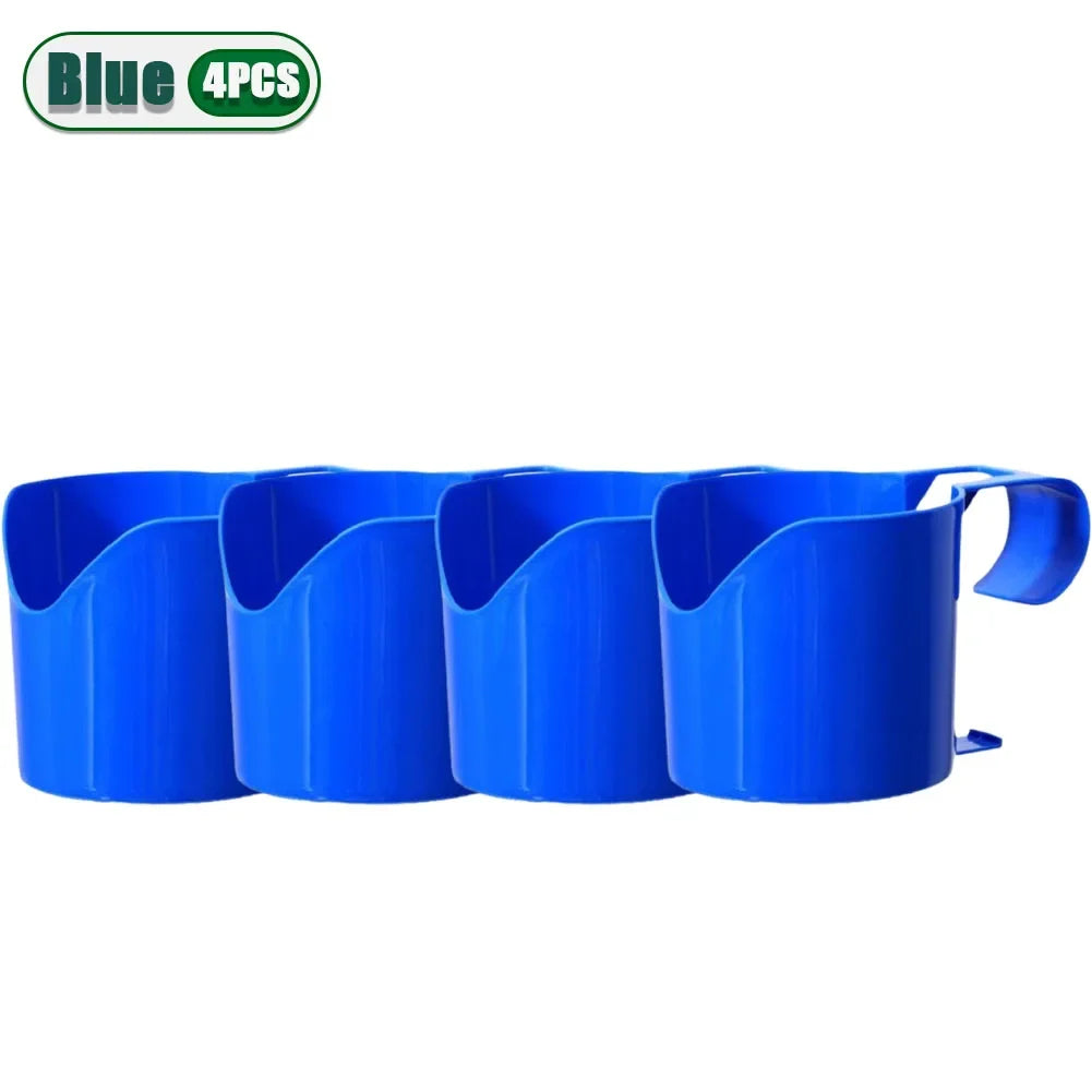 Blue plastic pool organizer holder set (4 pieces) with ground stakes