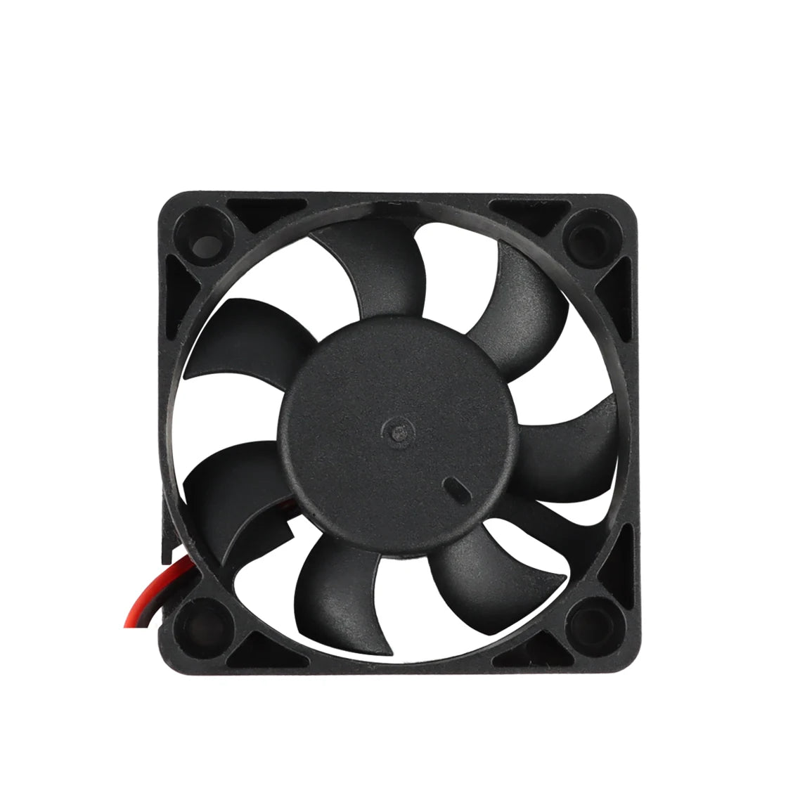 Close-up of black DC brushless cooling turbo fan with square mounting frame and red wire.
