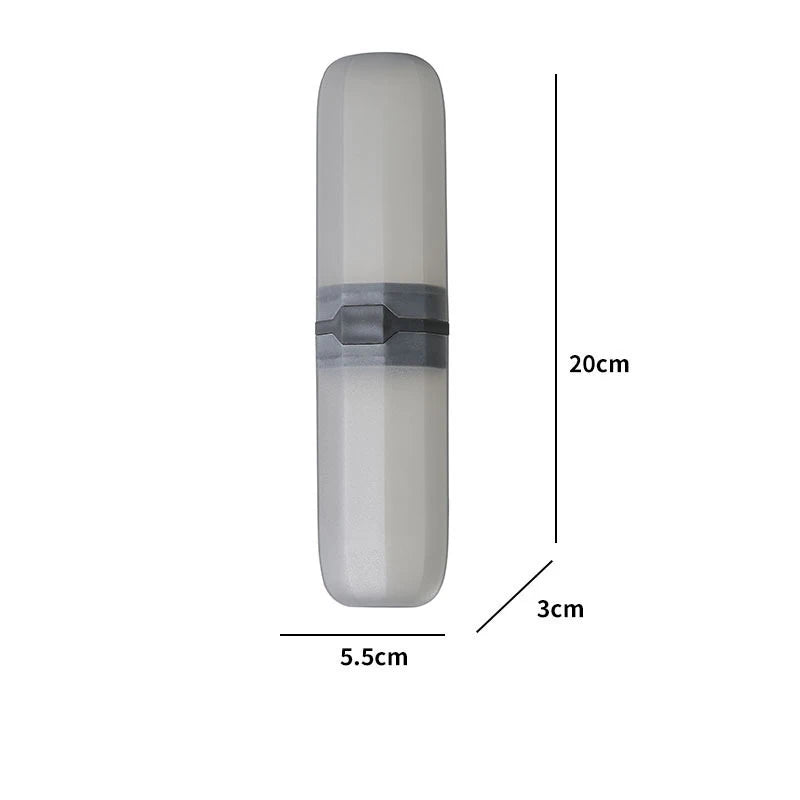 Travel toothbrush holder case, translucent light grey smooth cylinder with size markings