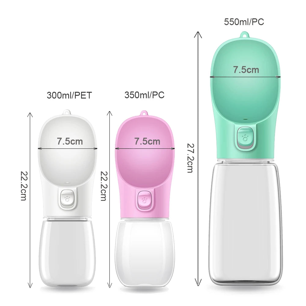 Teal portable pet water bottle with carry strap and push-button drinking spout, 550ml