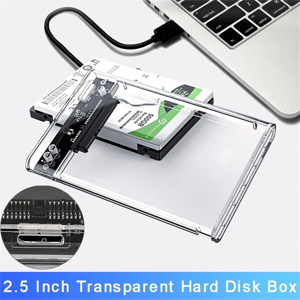 2.5-inch transparent HDD enclosure case connected to a laptop via USB cable