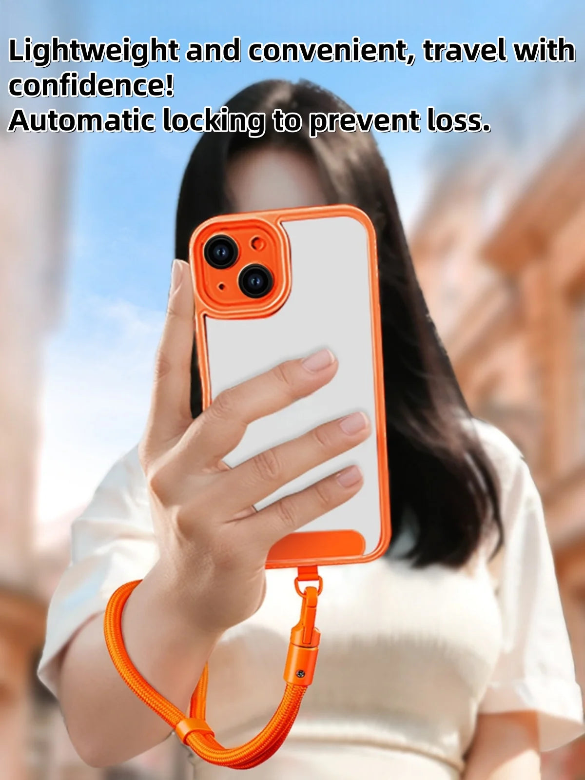 Orange polyester phone strap with self-locking anti-drop clip for travel