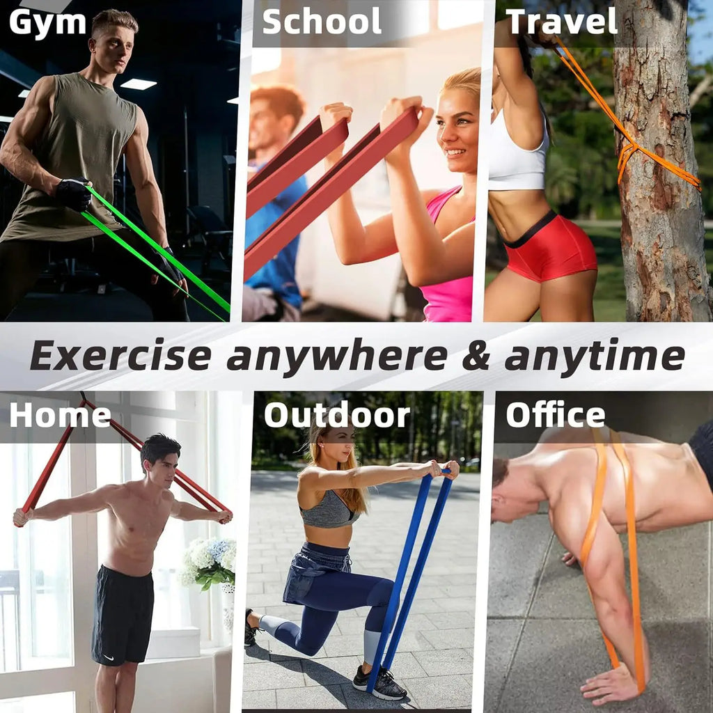 Resistance loop bands in multiple colors for exercise at home, outdoors, and office