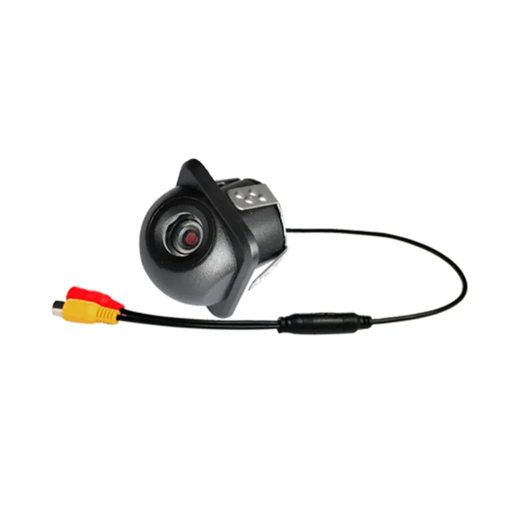 Car rear view camera with RCA cable and LED lens, compact black body