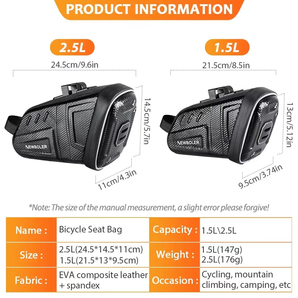 Waterproof bicycle saddle bag, black hard shell with reflective panels and zipper closure