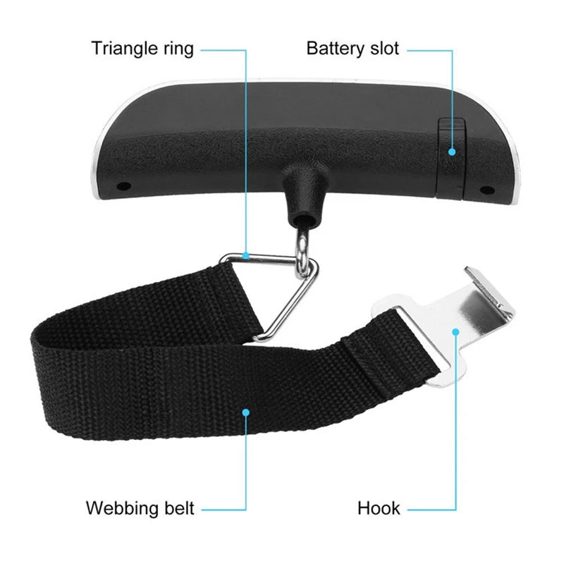 Digital luggage scale showing black webbing belt, metal hook, and attachment ring