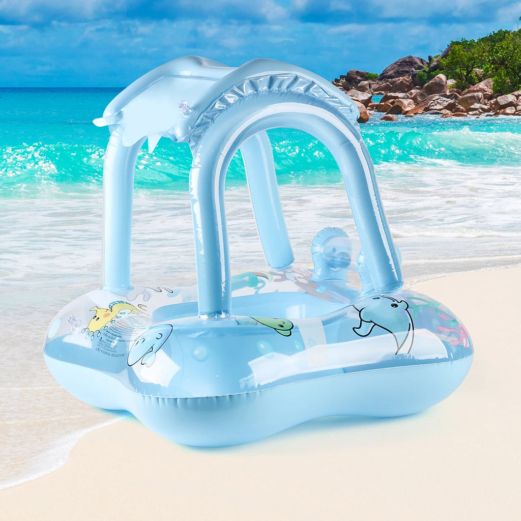 Blue kids pool float with canopy, arched handles, and padded inflatable ring base