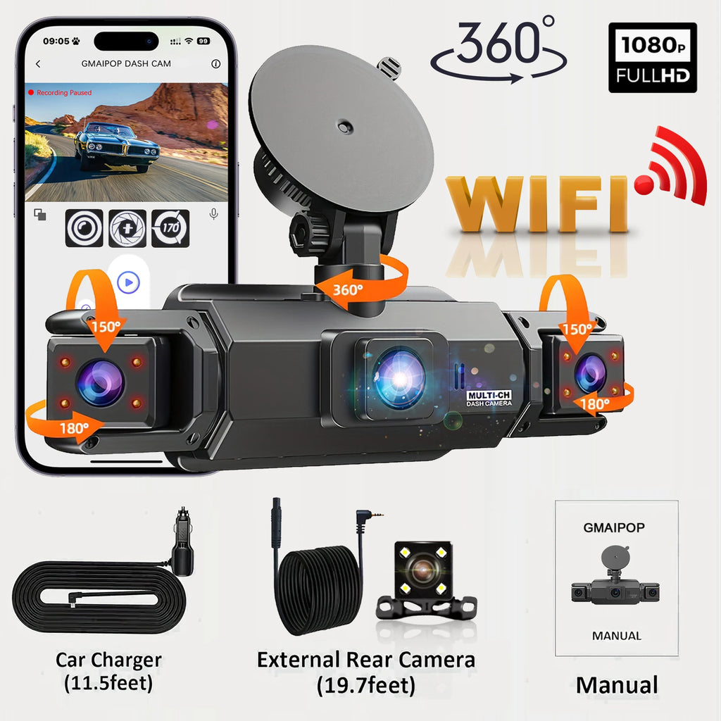 WiFi 4-channel dash cam kit with external rear camera and car charger cable