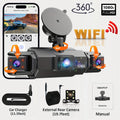 WiFi 4-channel dash cam kit with external rear camera and car charger cable