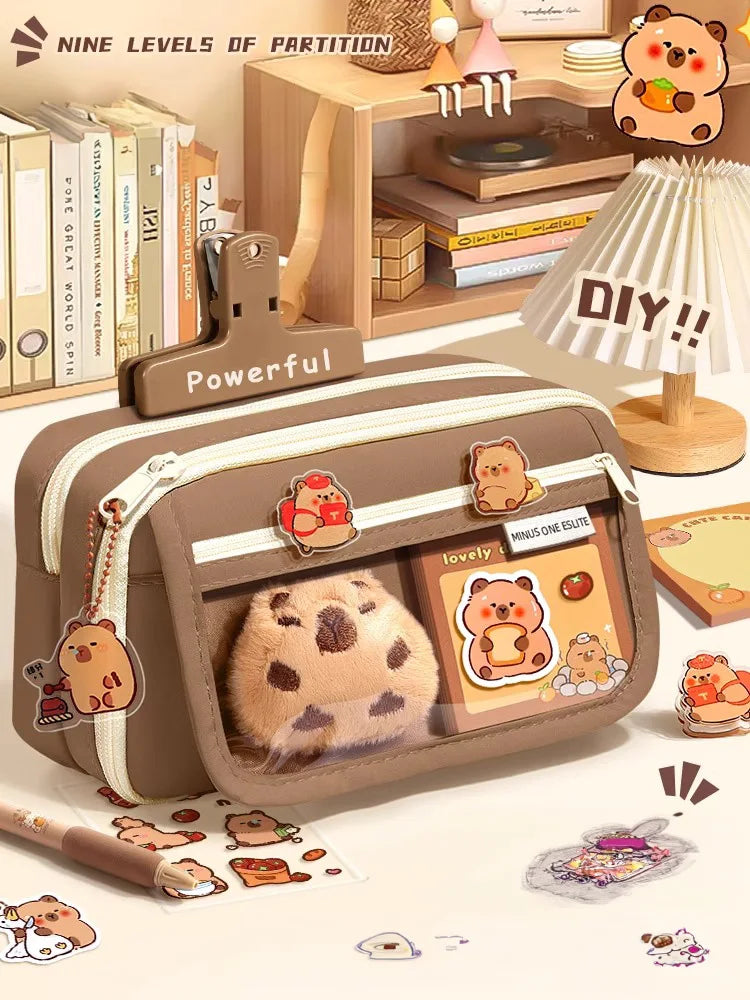 Capybara pencil case with flip cover, beige and brown fabric, front window pocket