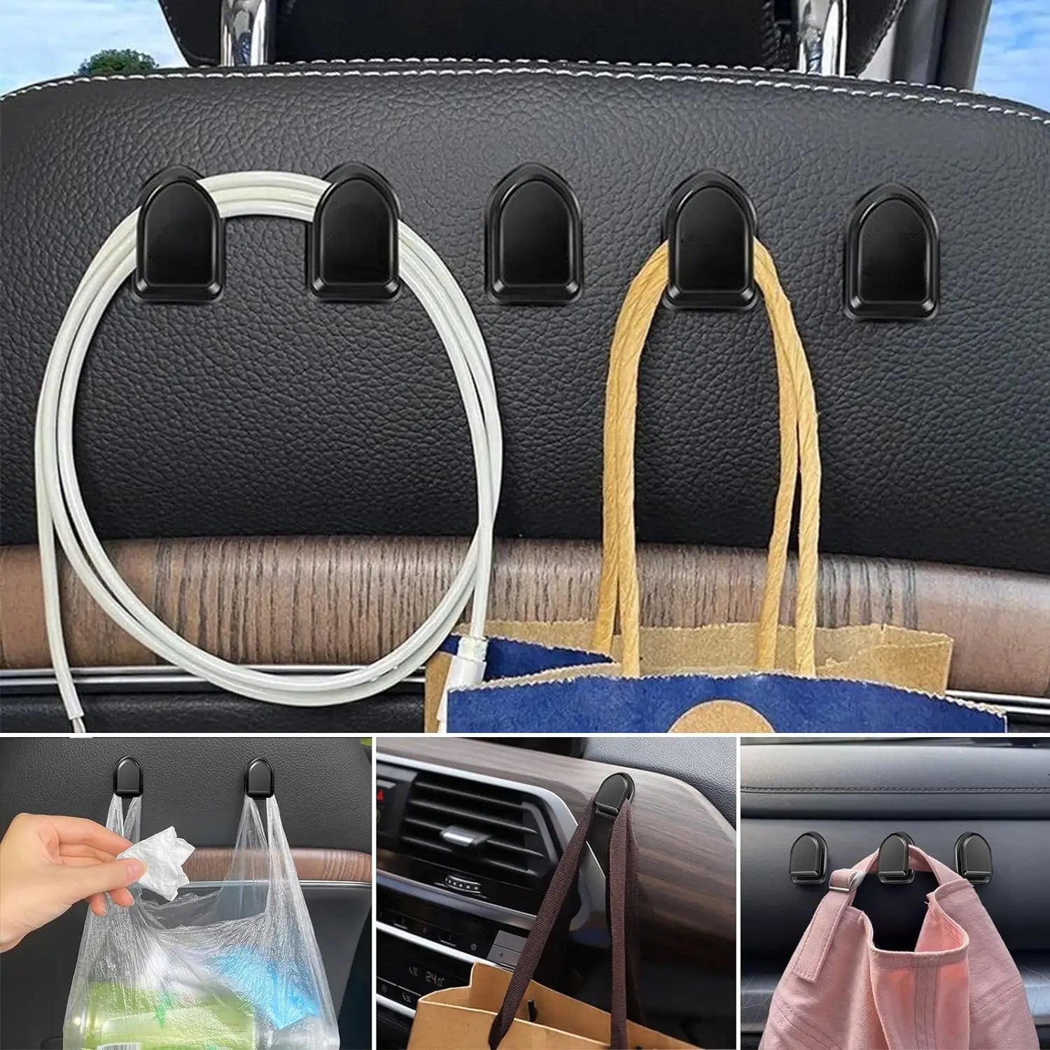 Black adhesive hooks holding cable loops and tan paper shopping bags