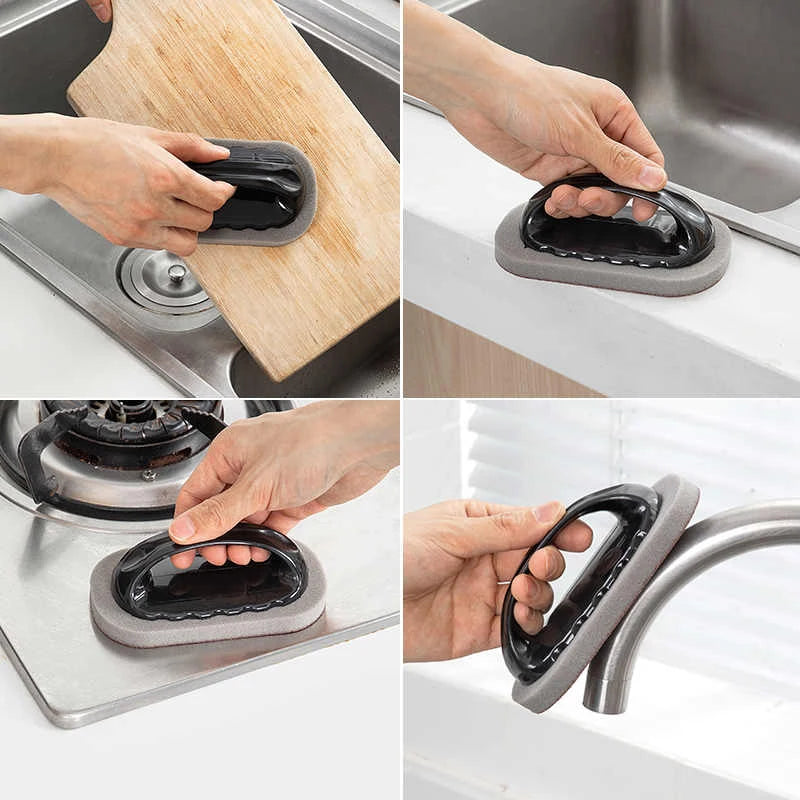 Emery sponge brush cleaner with black handle used on cookware and sink surfaces