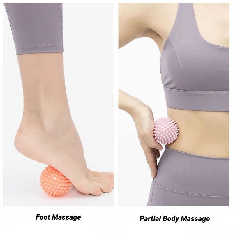 Pink and orange spiky massage balls applying pressure to foot and lower body