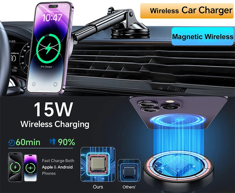 Black wireless car phone charger with magnetic disc mounted on car vent