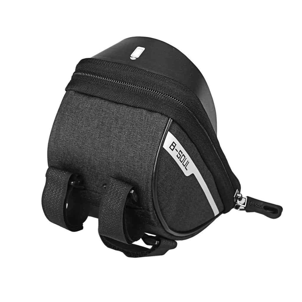 Black waterproof bike handlebar bag with side mounting bracket and adjustable strap