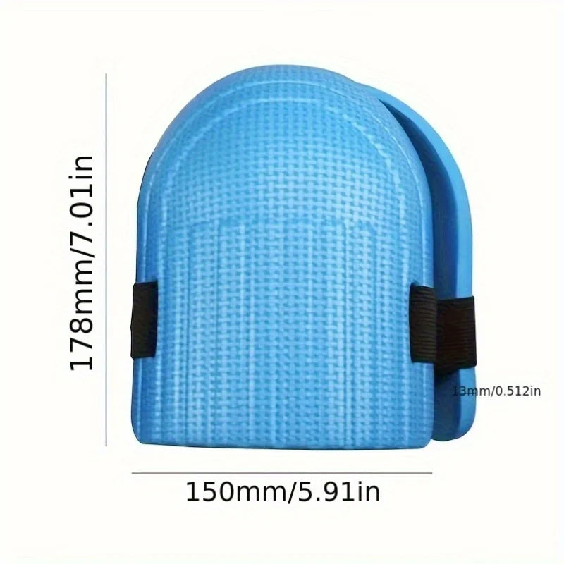 Blue knee pad with curved shell and two side elastic straps, front view
