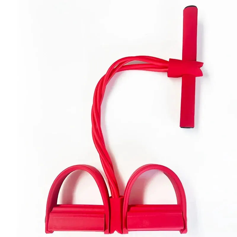 Red four-tube pedal tensioner with two foot pedals and elastic strap handle