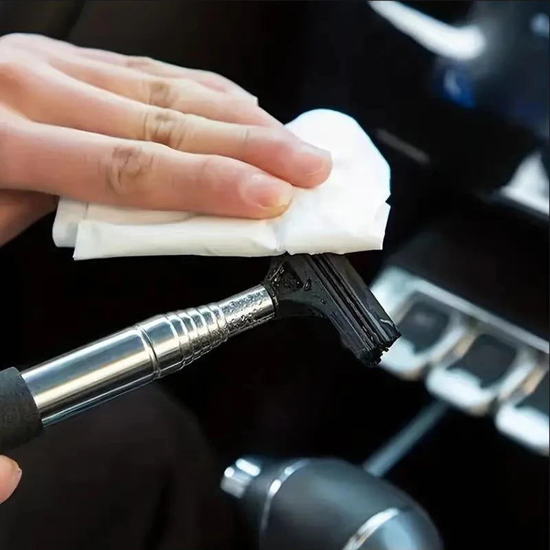 Telescopic car rearview mirror wiper with metal shaft and black foam handle, with cloth