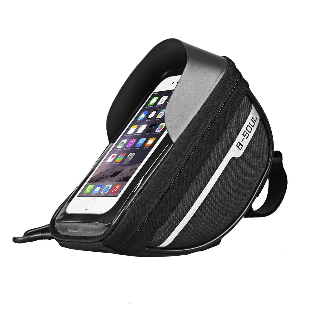 Black cycling handlebar pouch with touch-screen window and reflective stripe