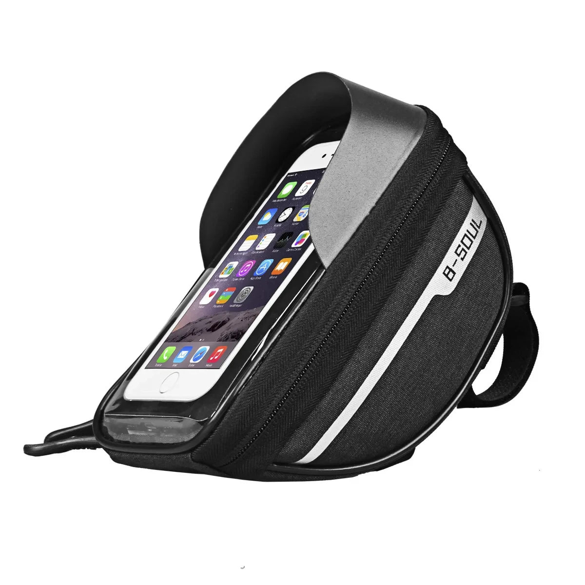 Black cycling handlebar pouch with touch-screen window and reflective stripe