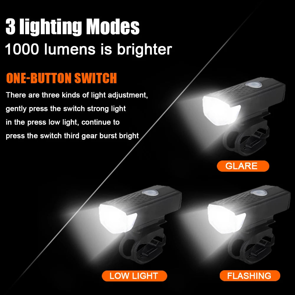Rechargeable bike light with three lighting modes, one-button switch, bright front beam