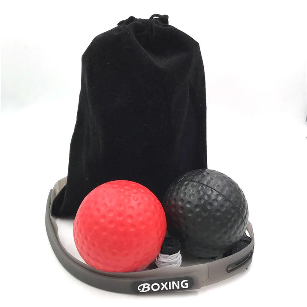 Boxing reflex training set with drawstring bag holding red and black balls