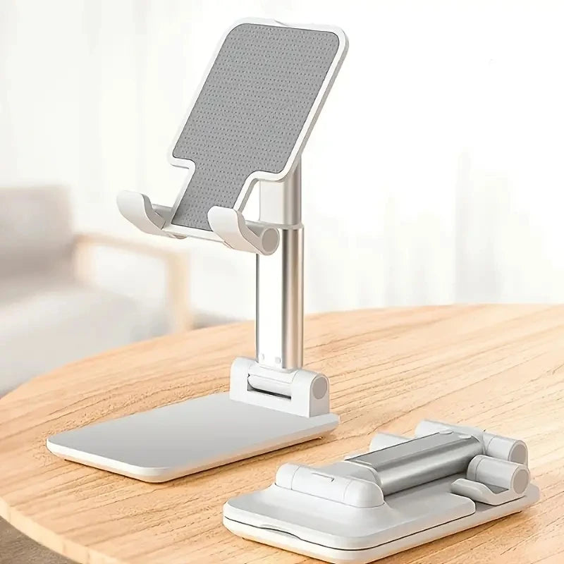 Adjustable desktop phone stand with textured gray pad and wide base