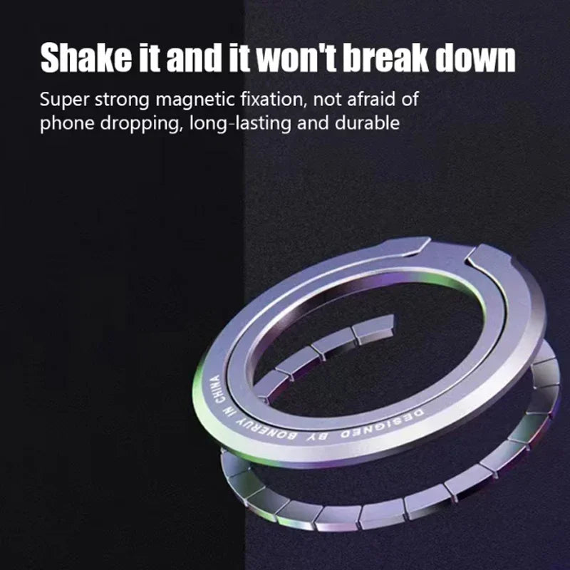 Iridescent magnetic phone ring holder with circular base and angled finger grip