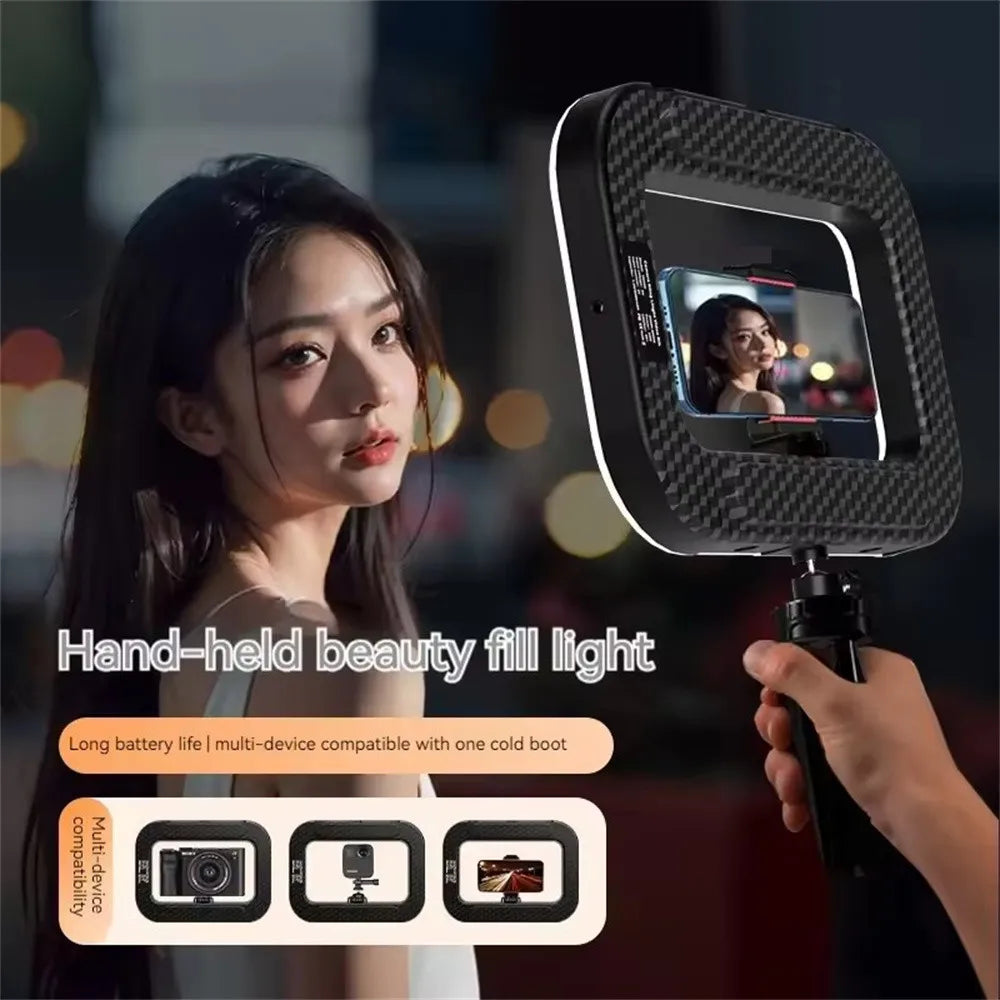 Hand-held carbon LED beauty fill light with phone clamp for selfies
