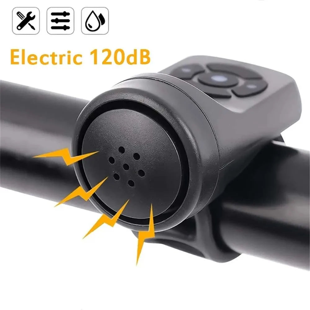 Black electric bicycle horn with perforated speaker grille on handlebar mount