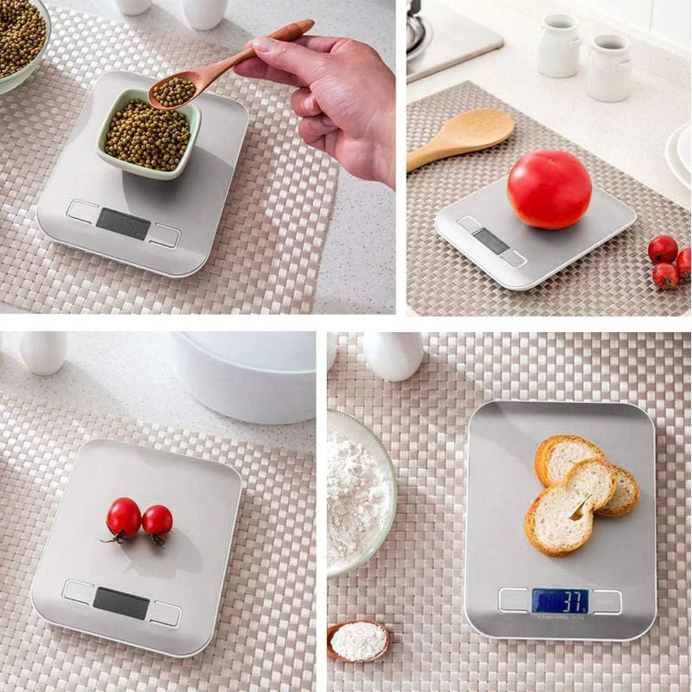 Stainless steel digital kitchen scale with LED display, weighing whole tomatoes