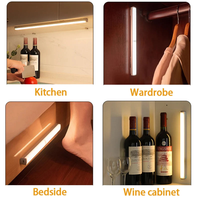 Wireless motion-sensor LED night light bar shown in indoor use scenes