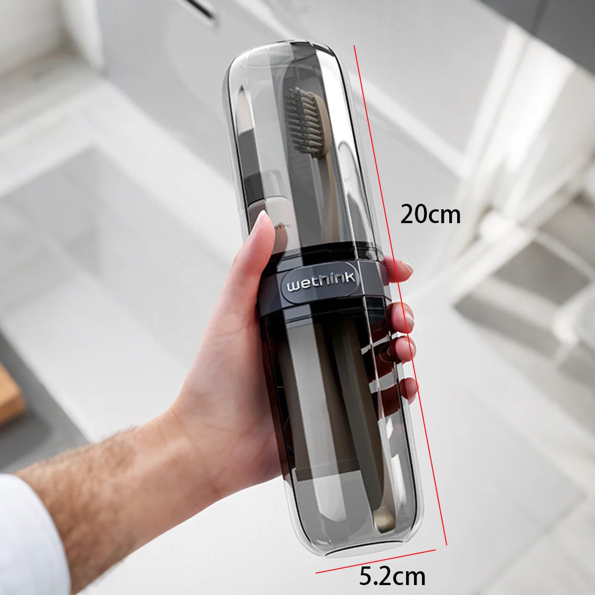 Clear travel toothbrush holder case with toothbrush slot and wrist strap