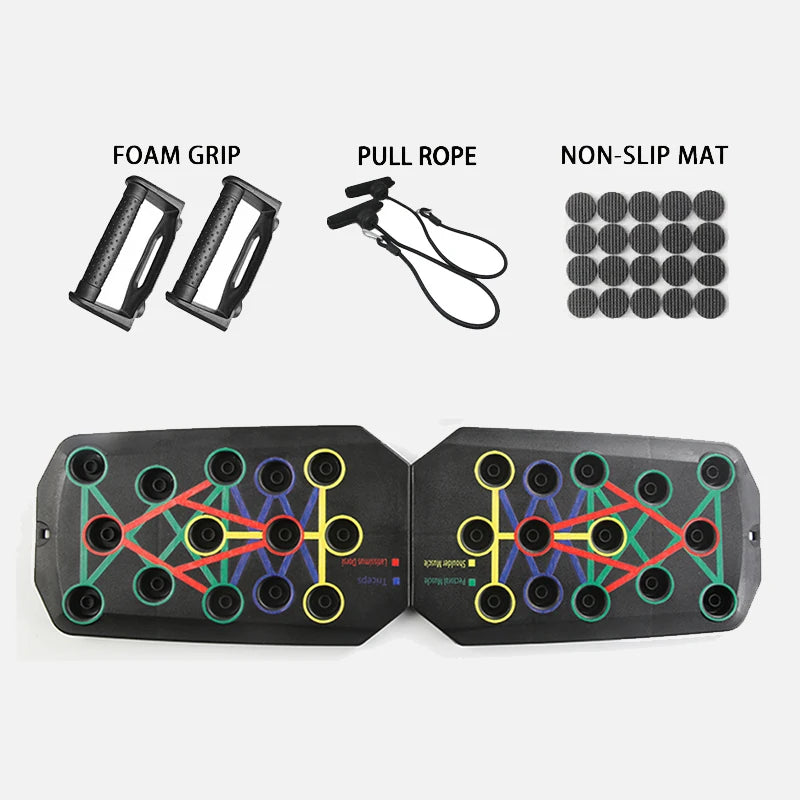 Foldable push-up board set accessories: foam grips, pull rope, non-slip mat