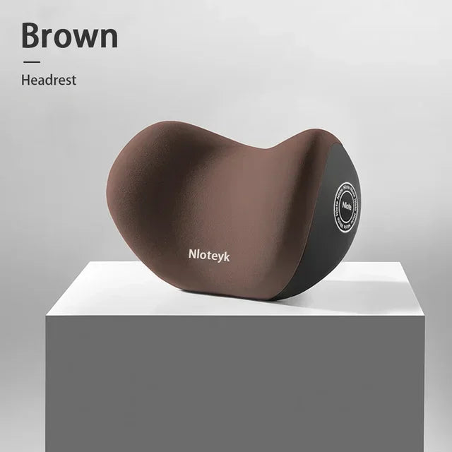 Memory foam headrest pillow, brown curved cushion with side logo detail