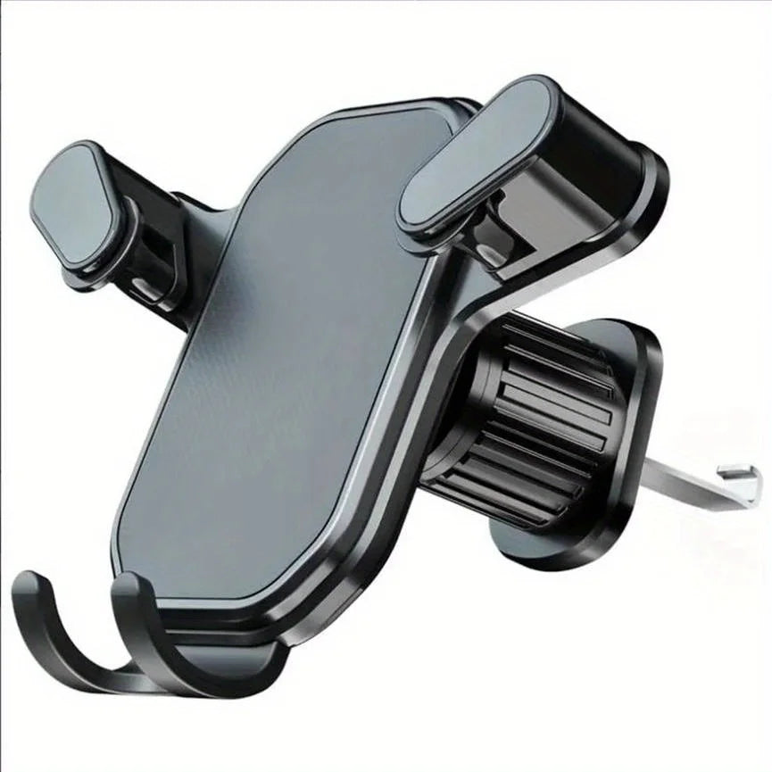 Black vent-mounted phone stand with spring clip and adjustable phone cradle