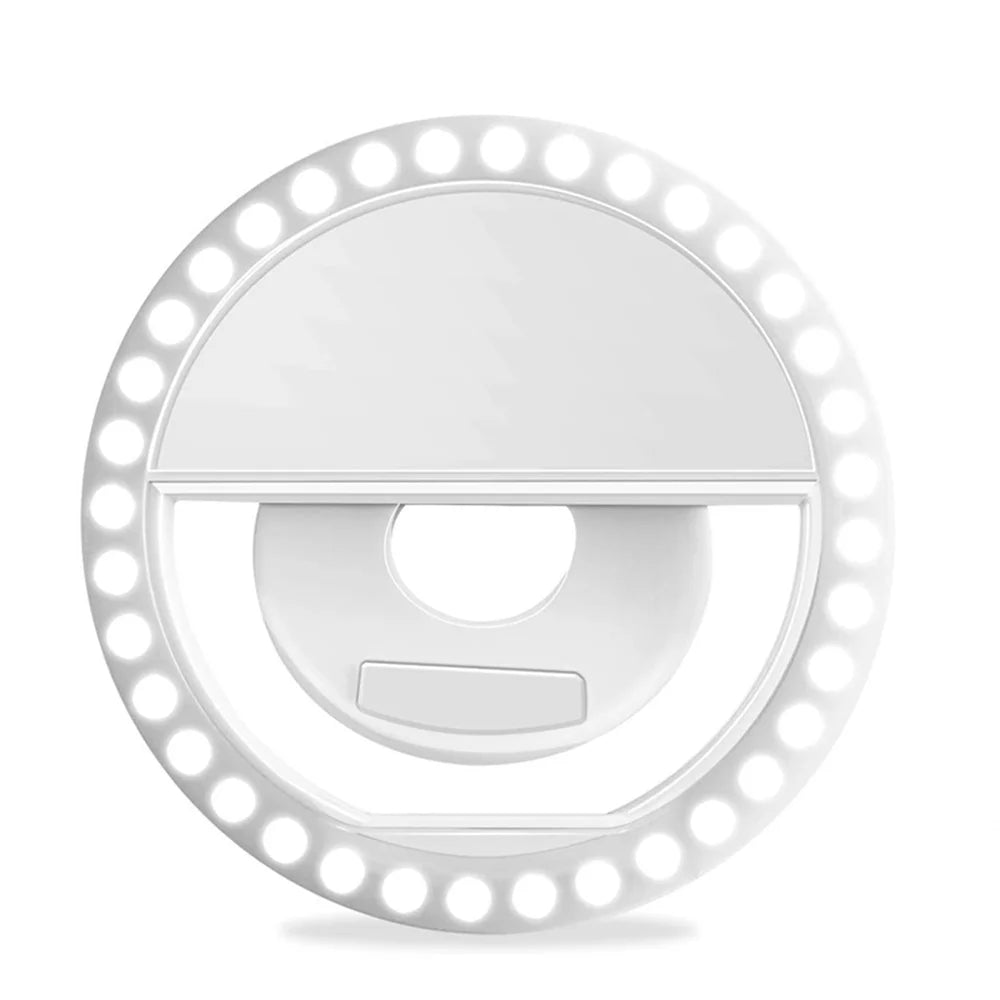 White LED selfie ring light close-up with circular bulb array around frame