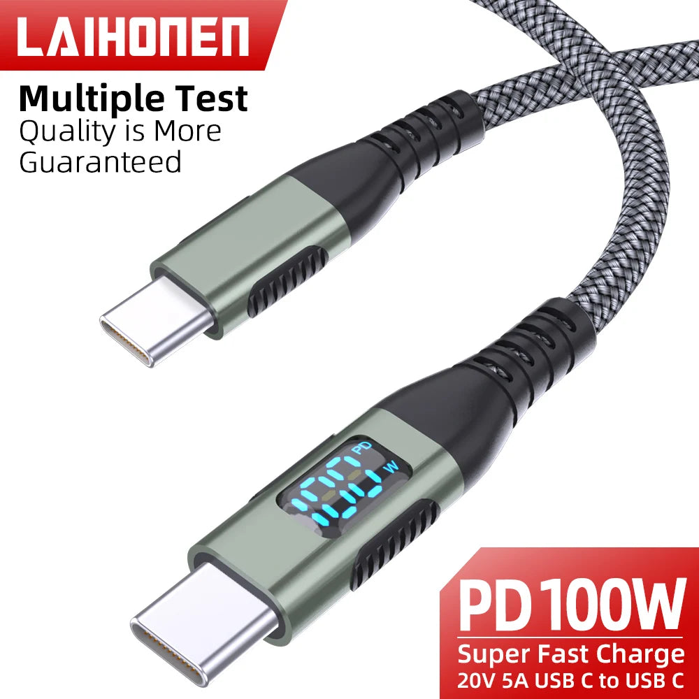 Green and black USB-C to USB-C braided charging cable with LED display on housing