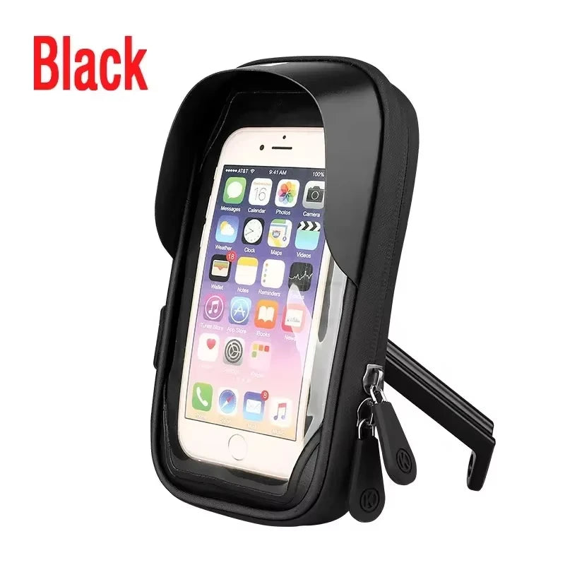 Black waterproof phone mount case with clear screen window and handlebar mount