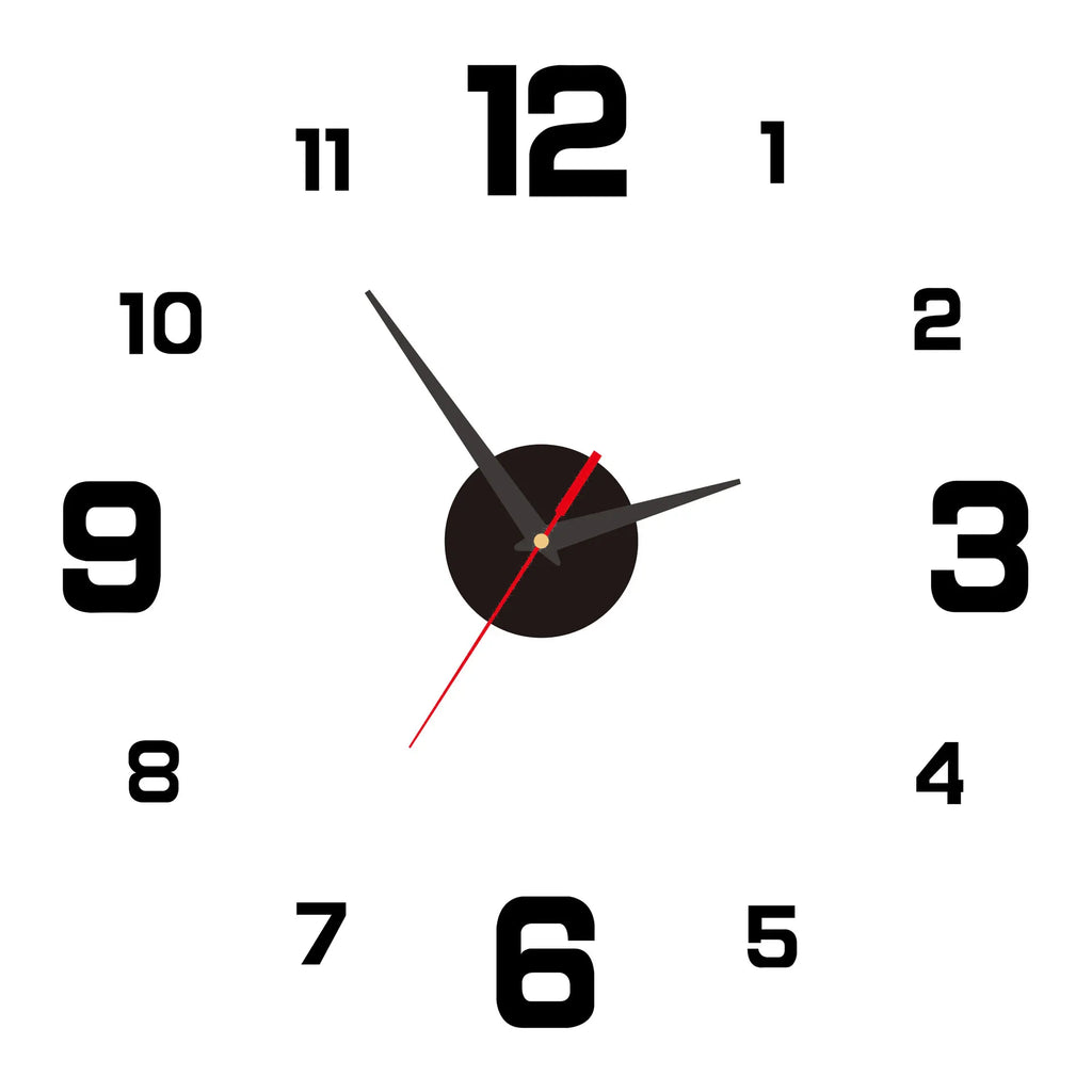 Black wall clock sticker with bold numerals, black hands, and red pointer accents