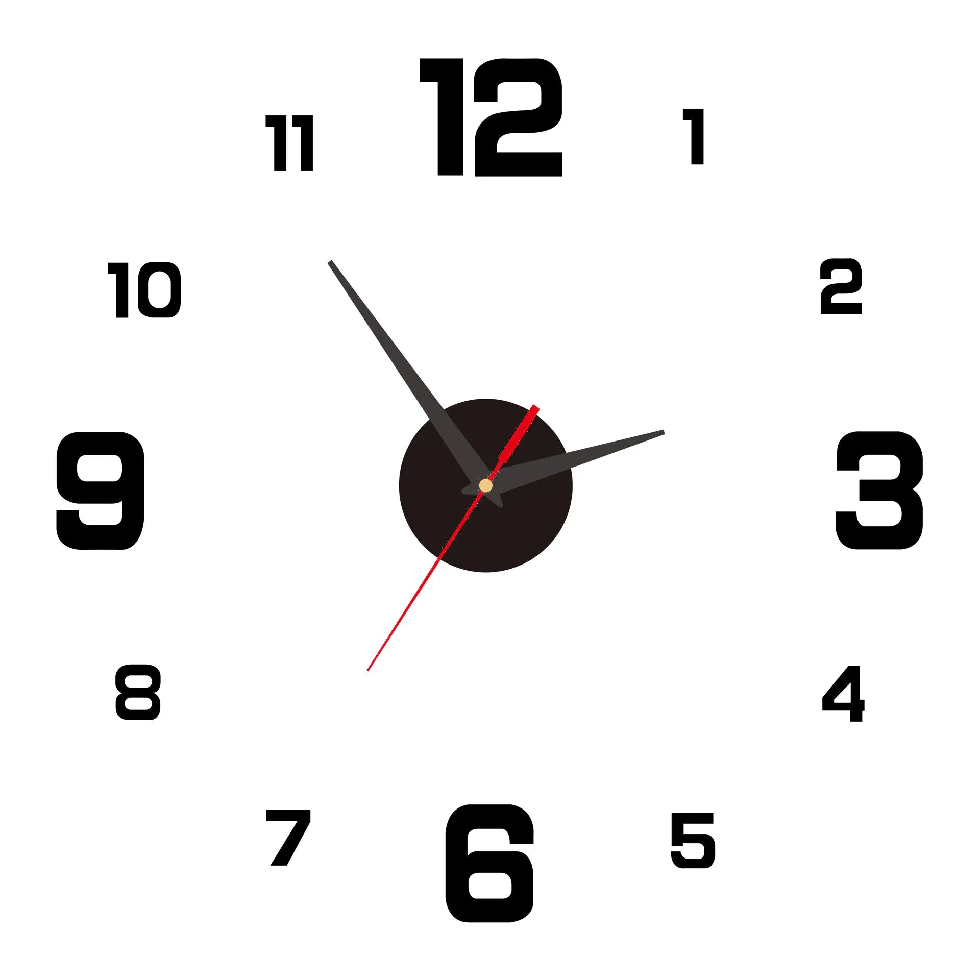 Black wall clock sticker with bold numerals, black hands, and red pointer accents