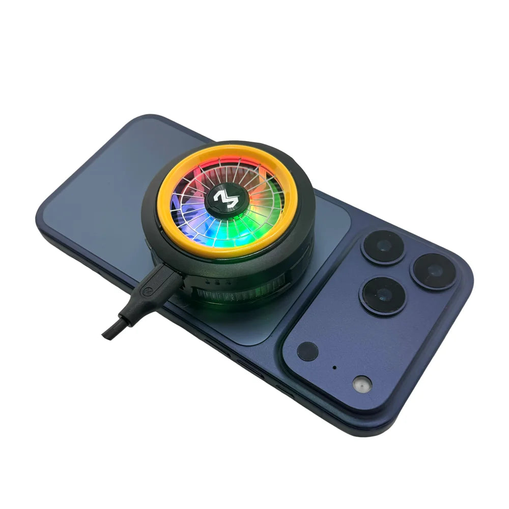 Black phone cooler with yellow-lit fan ring and clip-on holder