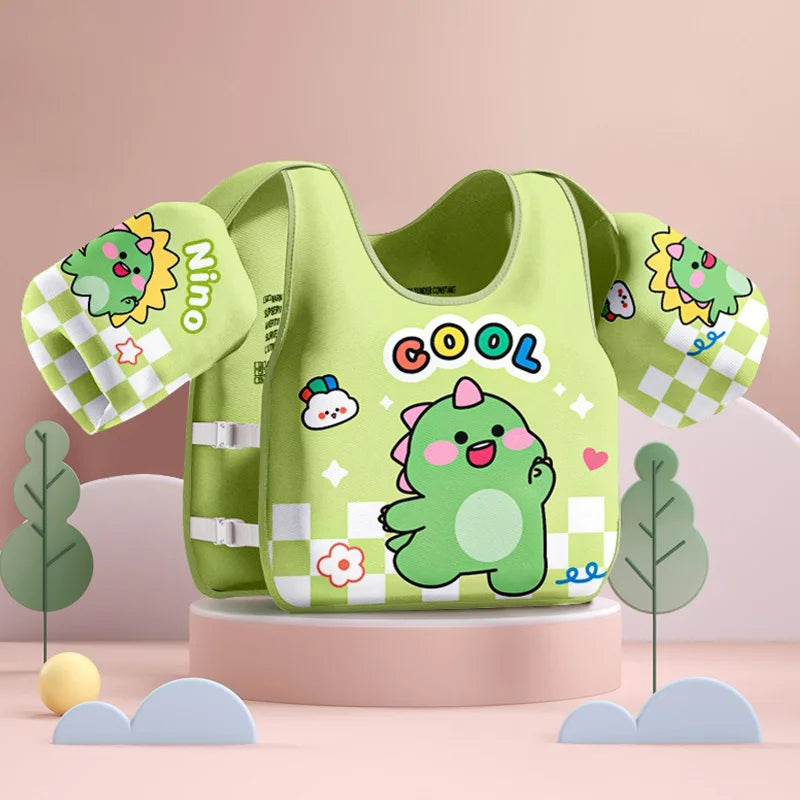 Lime green swim buoyancy vest with arm floats, cute cartoon animal print and check accents