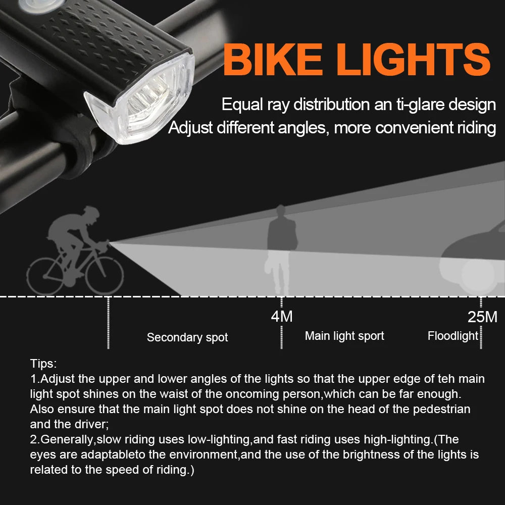 Adjustable bike headlight with clear lens and anti-glare design, angled beam direction