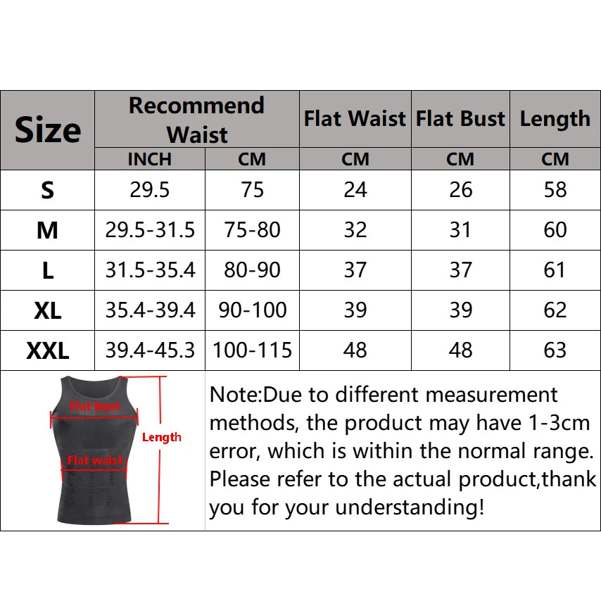 Size chart for men's slimming compression vest with waist, bust, and length measurements