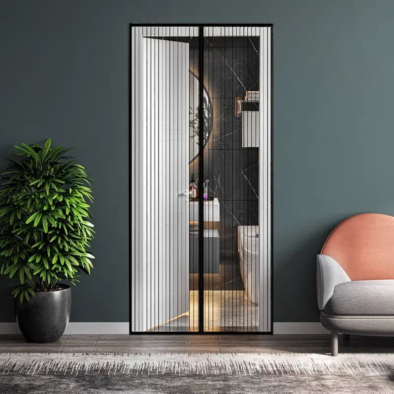 Black gauze mosquito mesh door curtain with black frame, two-panel vertical stripe design