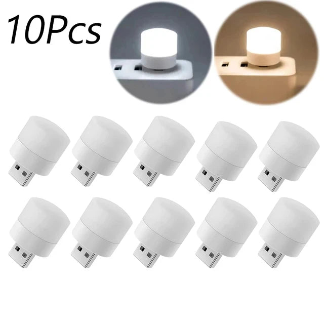 10-pack of white USB mini night light bulbs with glowing round caps